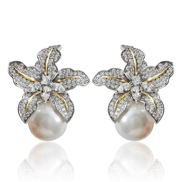 Elegant Floral Pearl Earrings for Women – Luxurious CZ Stone