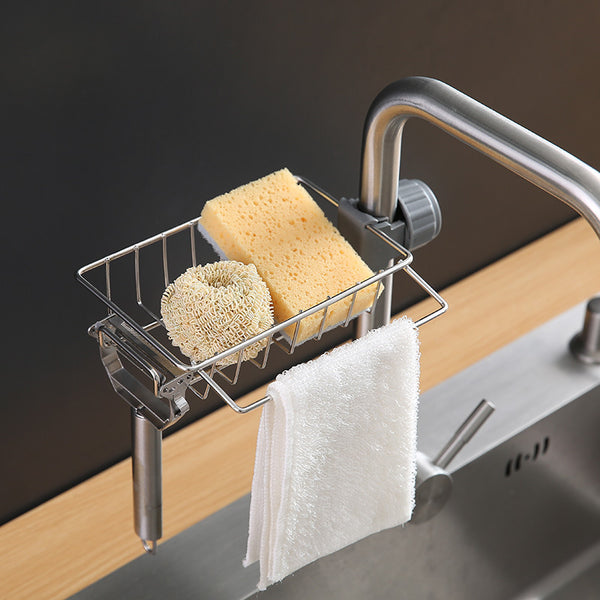 Kitchen Storage Stainless Steel Faucet Rack Hanging Basket Sponge Drain Rack Sink Storage Rack Rag Rack - Shopsteria