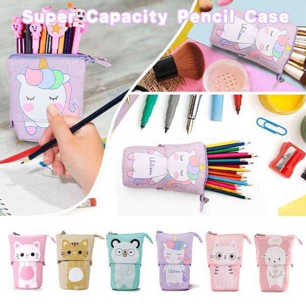 Cute Cat Pattern Retractable Pencil Case School Stationery Bag Pen Cases Canvas High Capacity Pen Holder Gifts for Kids - Shopsteria