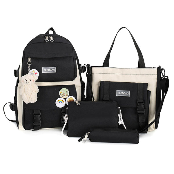 4pcs Backpack for Women Casual Canvas Students School Bags Shoulder Crossbody Bags Large Capacity Handbag with Small Pencil Case - Shopsteria