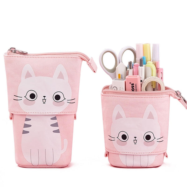 Cute Cat Pattern Retractable Pencil Case School Stationery Bag Pen Cases Canvas High Capacity Pen Holder Gifts for Kids - Shopsteria