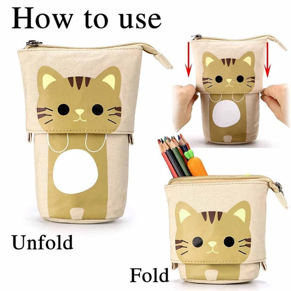 Cute Cat Pattern Retractable Pencil Case School Stationery Bag Pen Cases Canvas High Capacity Pen Holder Gifts for Kids - Shopsteria