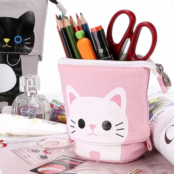 Cute Cat Pattern Retractable Pencil Case School Stationery Bag Pen Cases Canvas High Capacity Pen Holder Gifts for Kids - Shopsteria