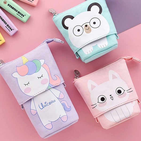 Cute Cat Pattern Retractable Pencil Case School Stationery Bag Pen Cases Canvas High Capacity Pen Holder Gifts for Kids - Shopsteria