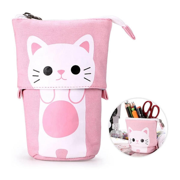 Cute Cat Pattern Retractable Pencil Case School Stationery Bag Pen Cases Canvas High Capacity Pen Holder Gifts for Kids - Shopsteria