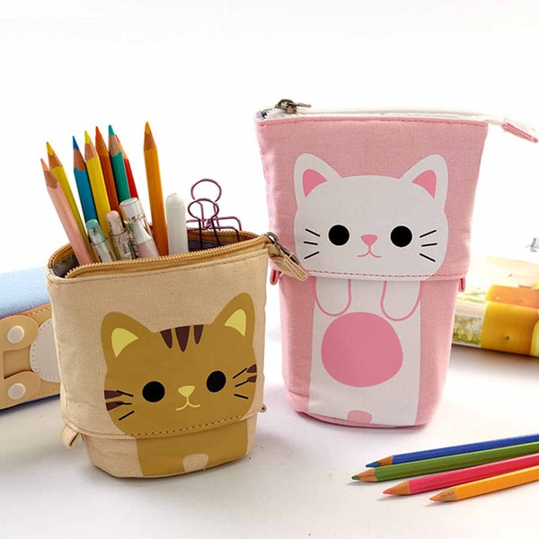 Cute Cat Pattern Retractable Pencil Case School Stationery Bag Pen Cases Canvas High Capacity Pen Holder Gifts for Kids - Shopsteria