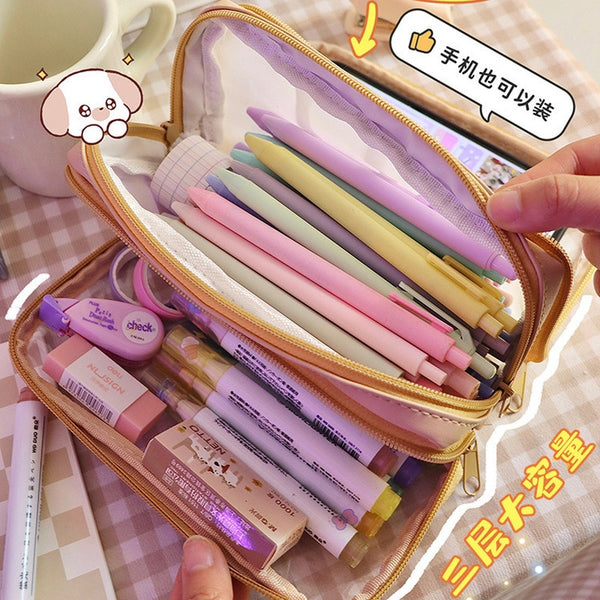 Cute Pencil Bag Transparent Student Cartoon Pencil Case Large Capacity - Shopsteria