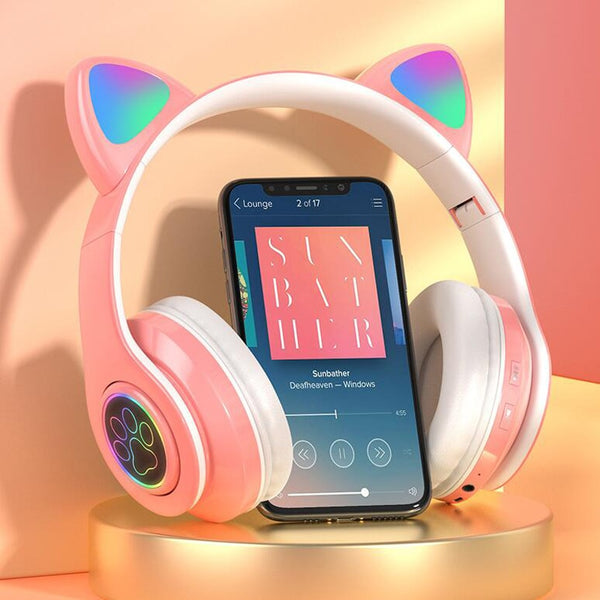 Cute Foldable Cat Ear Bluetooth Headphones With Mic & LED Light - Shopsteria