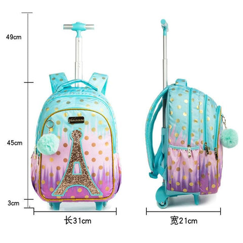 3 IN 1 School Children's Backpack with Wheels Kids Wheeled School Bag Teenagers Girls Canvas Backpack Travel Trolley Bags - Shopsteria