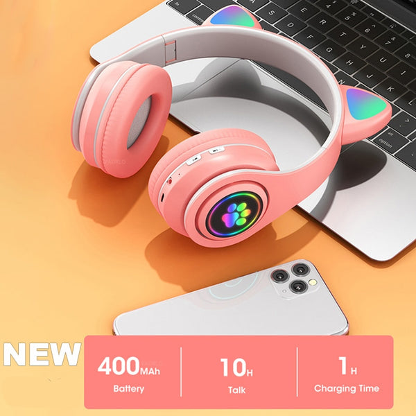 Cute Foldable Cat Ear Bluetooth Headphones With Mic & LED Light - Shopsteria