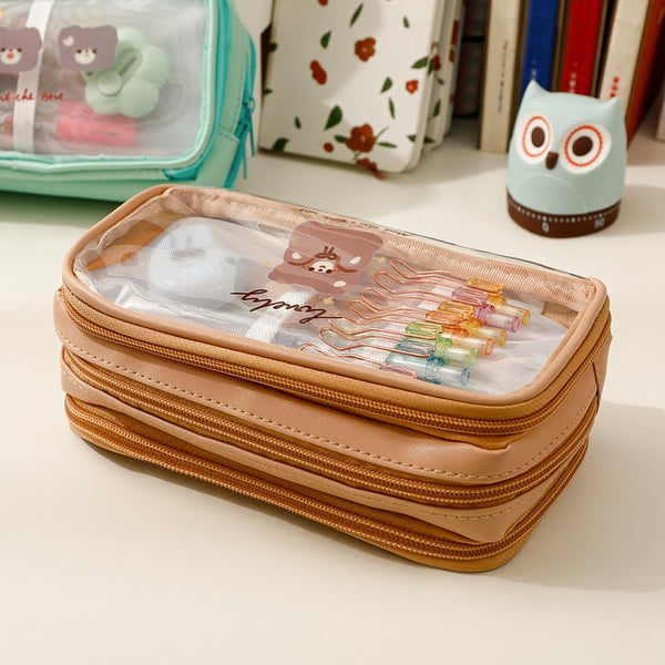 Cute Pencil Bag Transparent Student Cartoon Pencil Case Large Capacity - Shopsteria