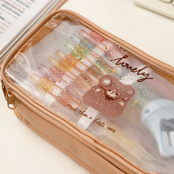 Cute Pencil Bag Transparent Student Cartoon Pencil Case Large Capacity - Shopsteria