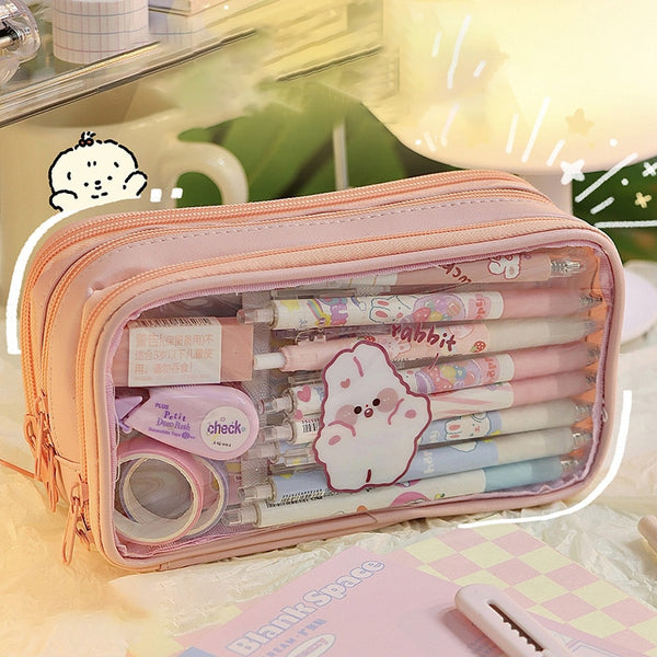 Cute Pencil Bag Transparent Student Cartoon Pencil Case Large Capacity - Shopsteria