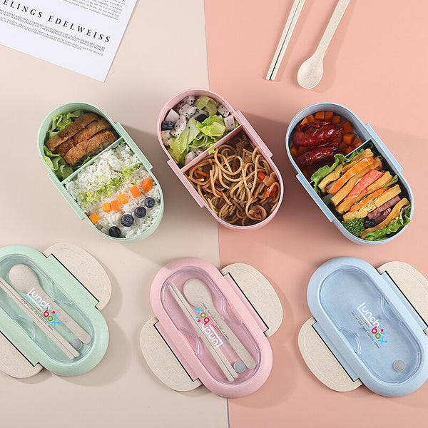 Kitchen Microwave Lunch Box Wheat Straw Dinnerware Food Storage Container Children Kids School Office Portable Bento Box Bag - Shopsteria