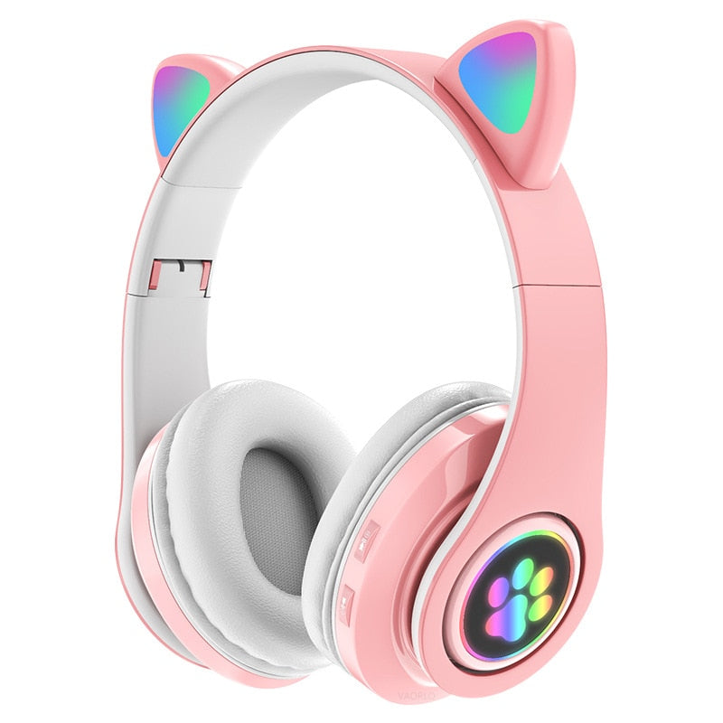 Cute Foldable Cat Ear Bluetooth Headphones With Mic & LED Light - Shopsteria