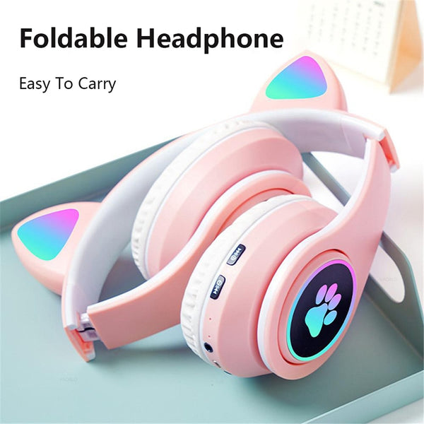 Cute Foldable Cat Ear Bluetooth Headphones With Mic & LED Light - Shopsteria