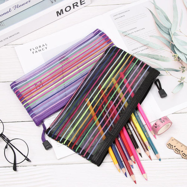 Simple Rainbow color Mesh Document Bag Multicolor Zipper Stationery Bag Cosmetic Storage Nylon Bag Pencil Case Student Supplies - Shopsteria