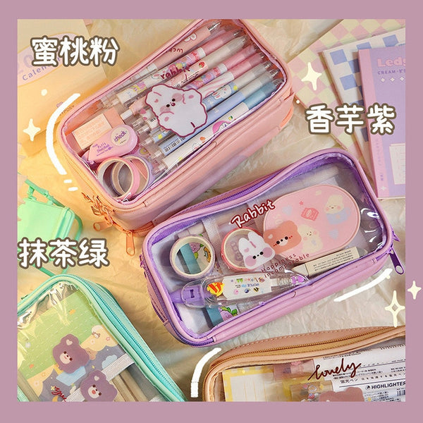 Cute Pencil Bag Transparent Student Cartoon Pencil Case Large Capacity - Shopsteria